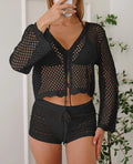 Women's apricot hollow woven cardigan blouse with bell sleeves laid flat