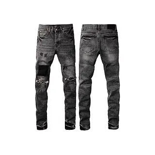 Black men's slim fit cotton jeans with a straight leg and button fly closure on a plain background.