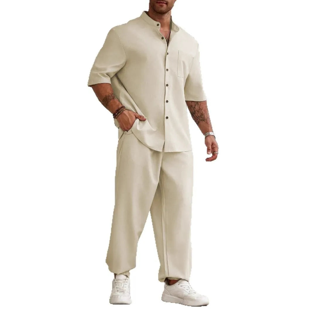 Men's cotton linen casual trousers set with short-sleeved shirt in black, grey or apricot colours