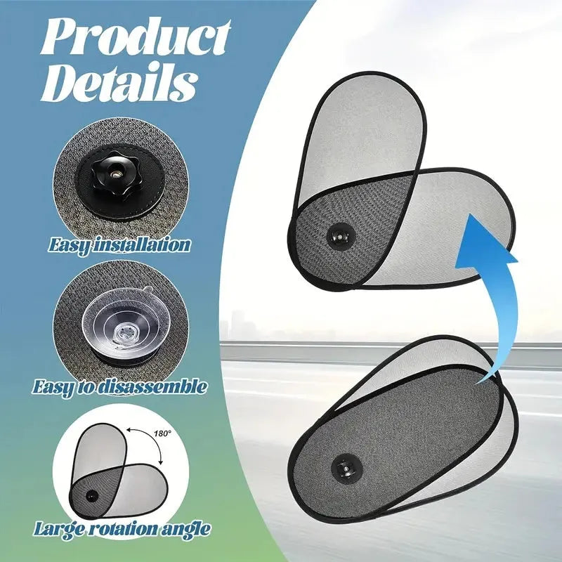 Black breathable car window shades with suction cups stretched across vehicle side window
