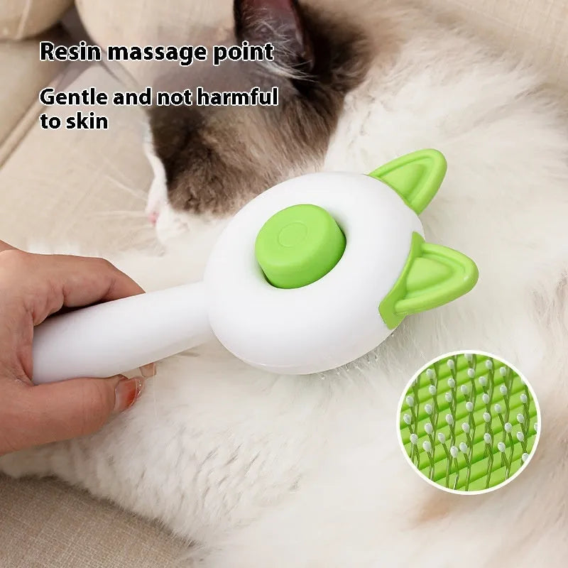 Self-cleaning pet dematting comb with stainless steel pins in greenish white and orange white colour options