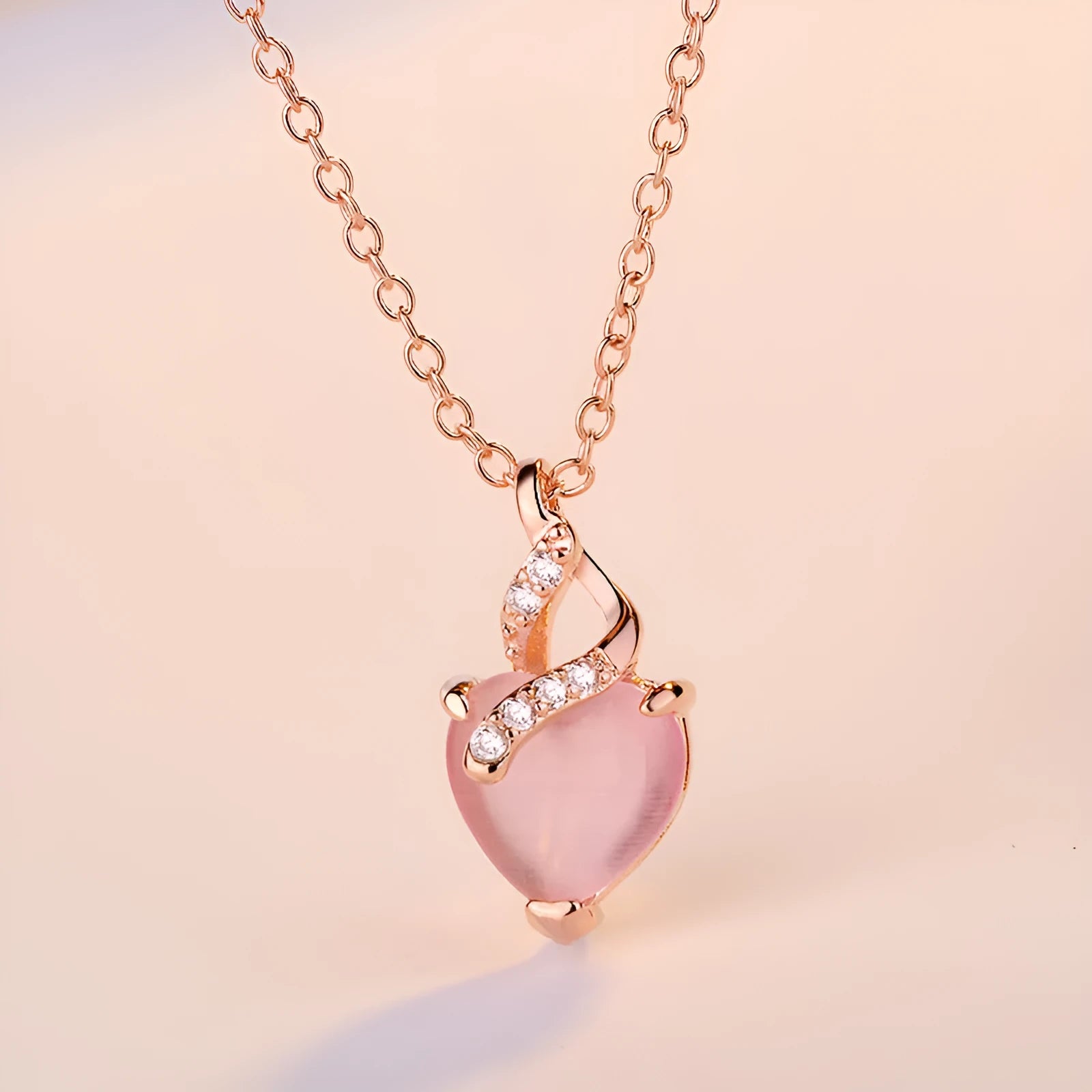 Women's pink heart crystal necklace with rose gold cross chain pendant