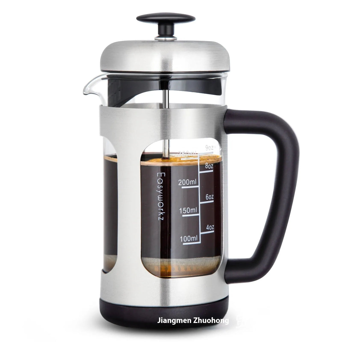 1000ml glass French press coffee maker with brewing filter and tea infuser, shown in black or light gray.