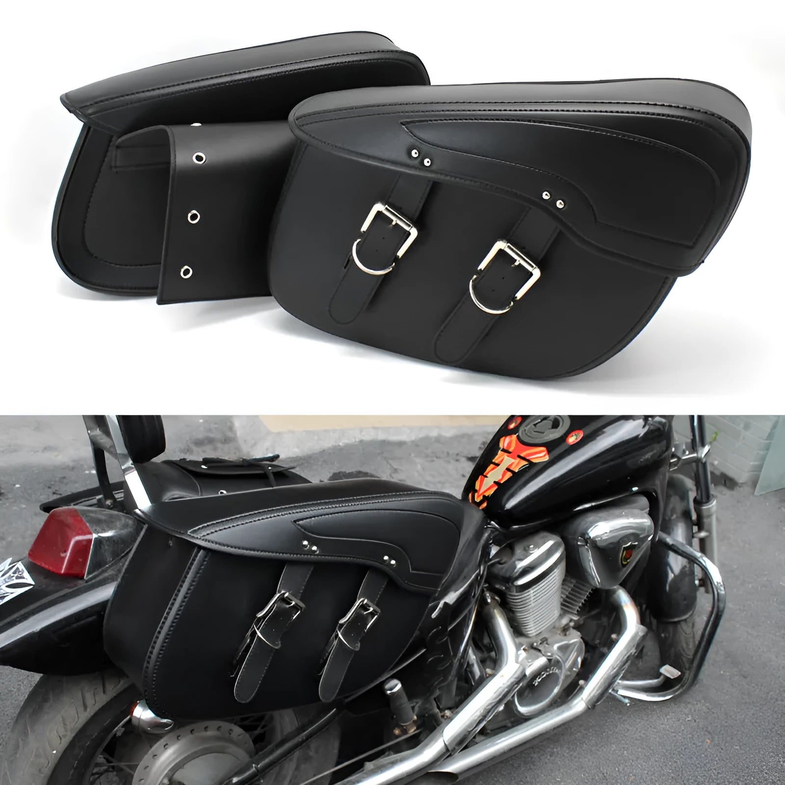 Black retro wind motorcycle side box made of PU leather showing saddle bag design