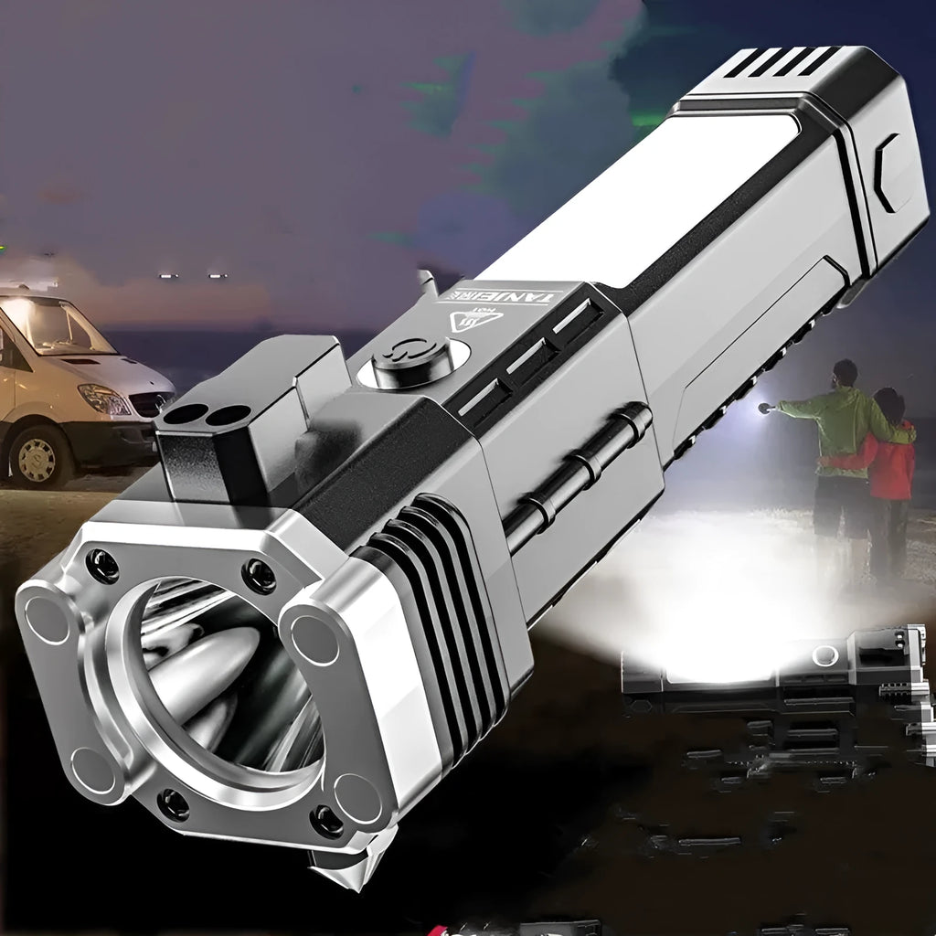 Silver portable LED emergency work light flashlight with power bank function and IP44 protection rating