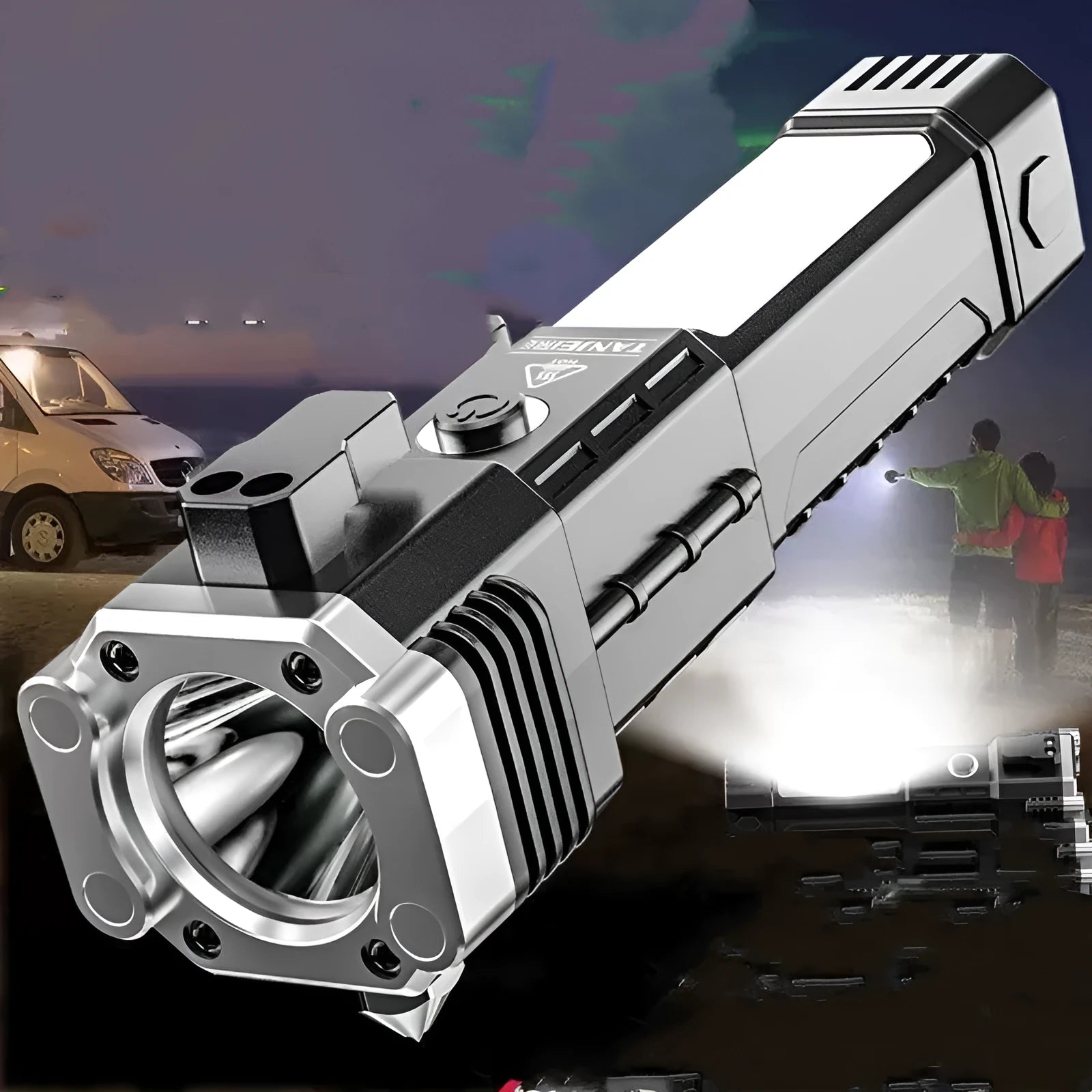 Silver portable LED emergency work light flashlight with power bank function and IP44 protection rating