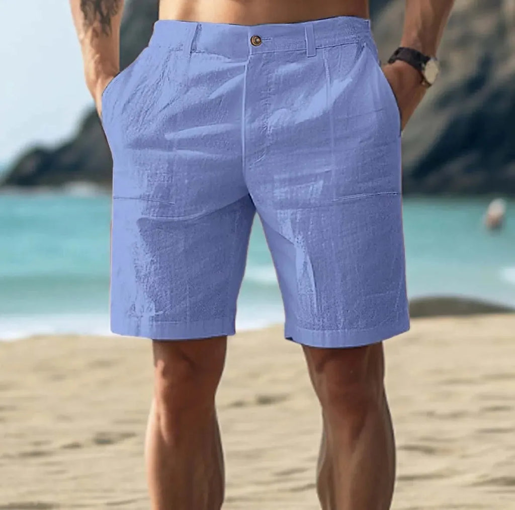 Men's solid colour casual trousers in a cotton and linen blend fabric with a button fly opening