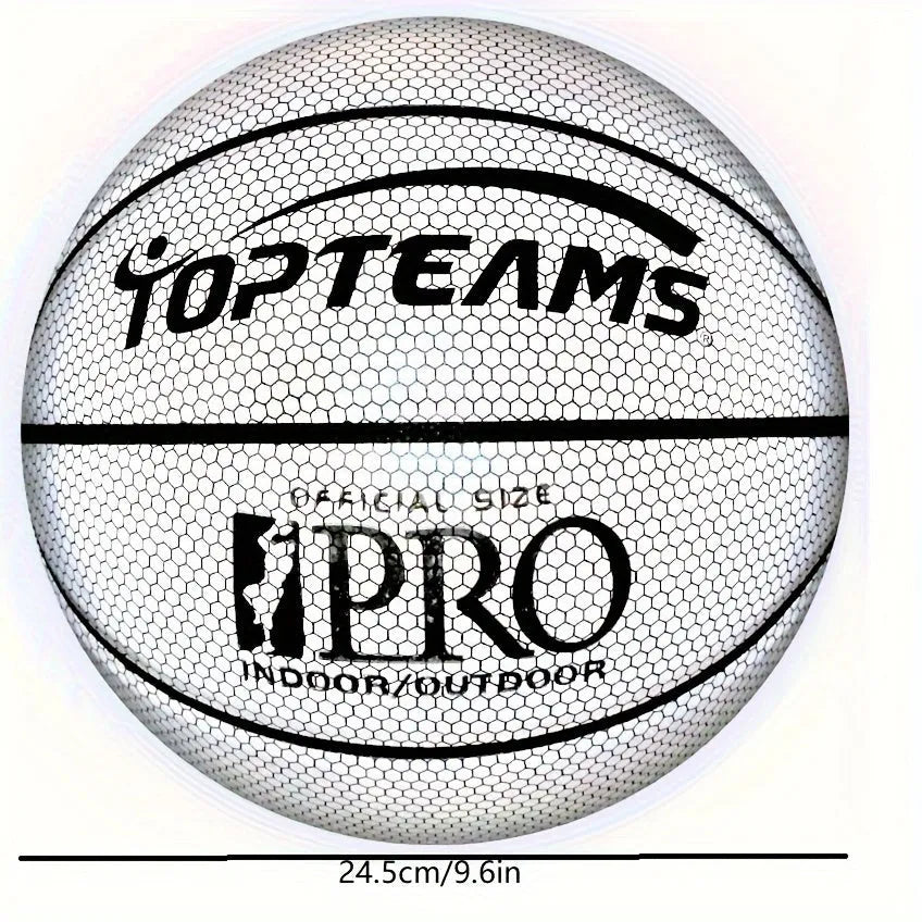 Size 7 fluorescent basketball with holographic reflective surface in chroma and white colours.