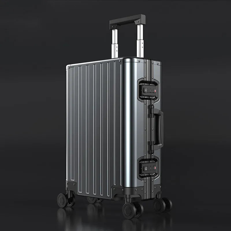 Aluminium magnesium alloy hard-shell travel luggage in a striped design, shown in silver finish.