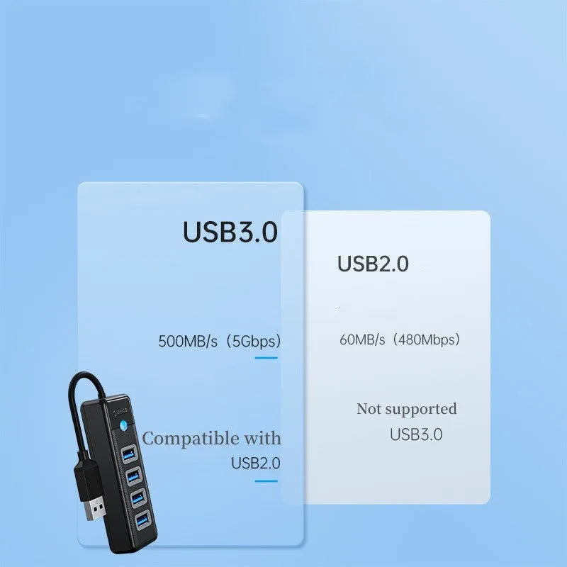 Black ABS 4-port USB 3.0 hub with USB-A input and multiple cable lengths for notebooks