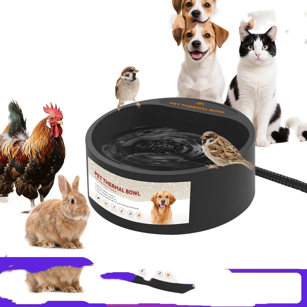Black ABS plastic pet heating bowl with constant temperature control, 2.2L capacity