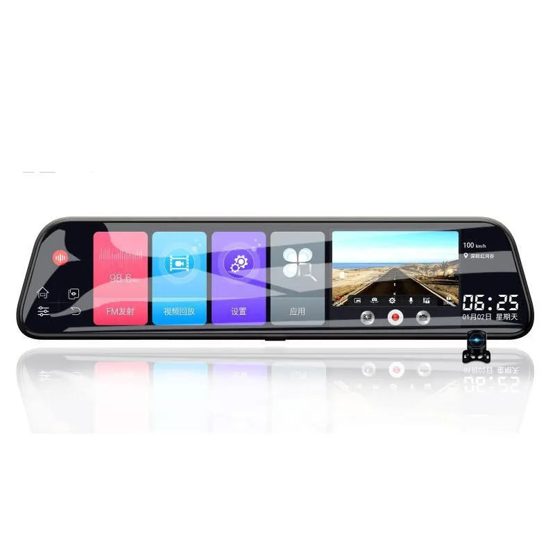 12-inch rearview mirror tachograph dash cam with dual lenses mounted in a car