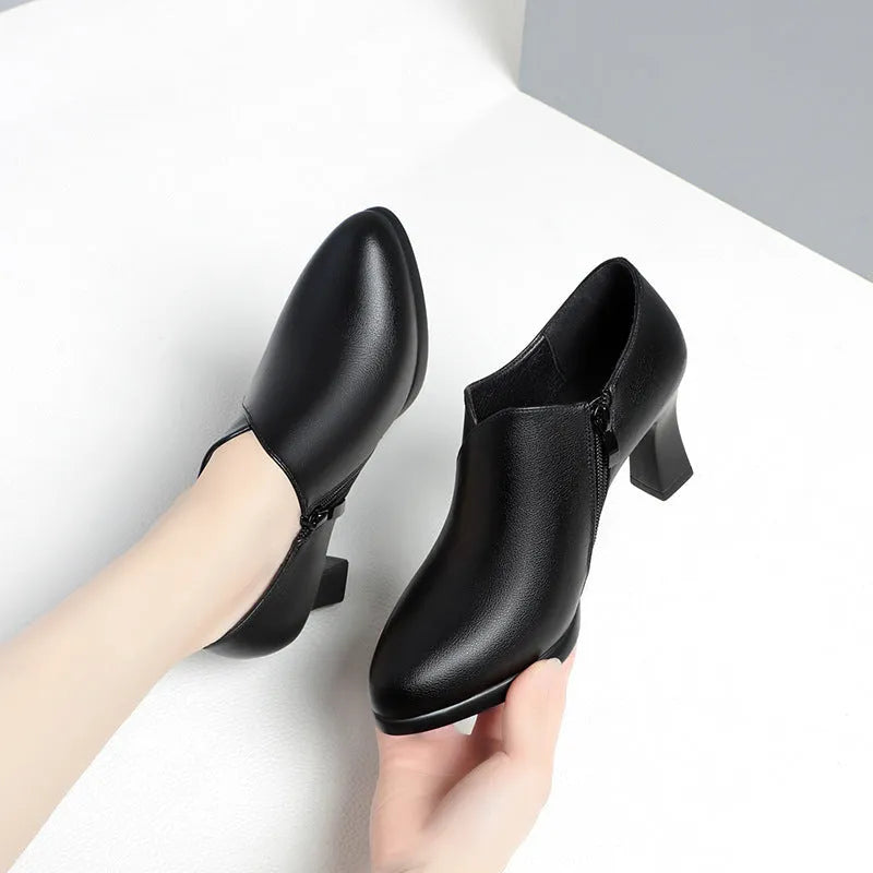Deep mouth PU leather pumps with side zipper, thick heel, and tip-toe design in black and brown