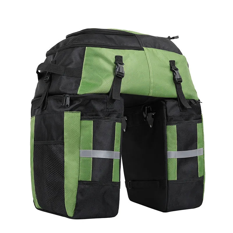 Rhinoceros bicycle rear storage bag with 70L capacity in green colour mounted on bicycle frame