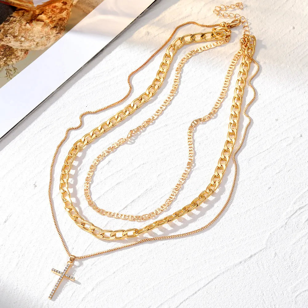 Layered multi-strand alloy geometric pendant necklace with electroplated gold finish for women