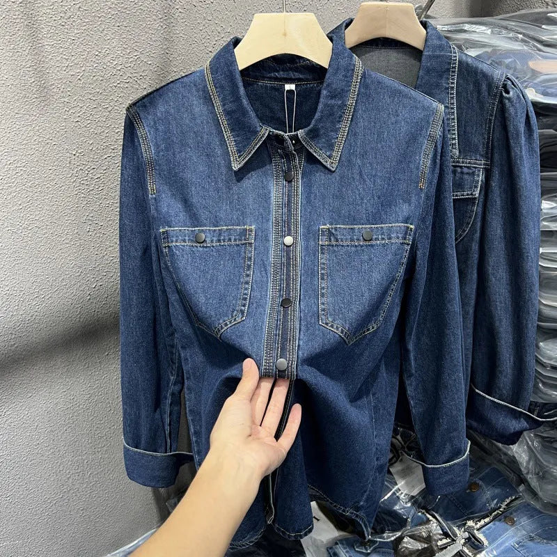 Layered retro top casual fashion long sleeve polyester denim fabric name picture colour S-2XL