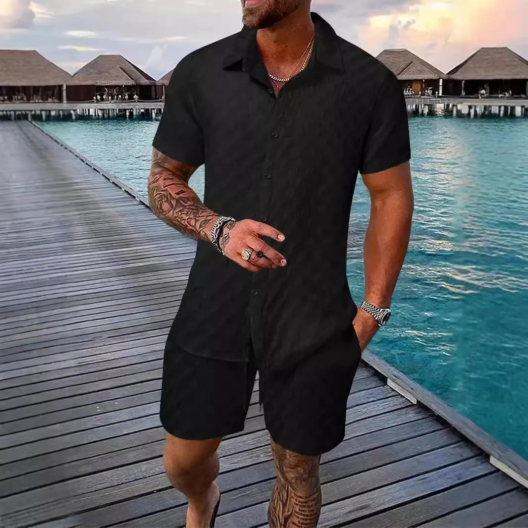 Men's chemical fibre casual suit set with short sleeve shirt and matching shorts in beige colour