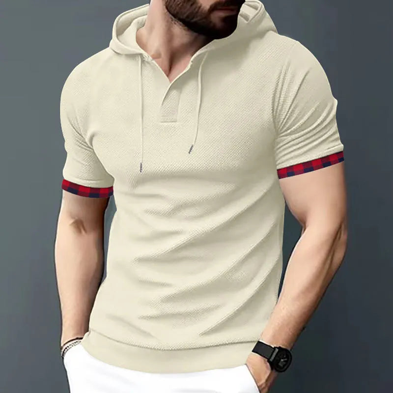 Men's short sleeve sport casual hooded top in solid colour, polyester blend, fitted cut, available in plus sizes