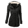 Women's solid colour hooded cotton-padded coat in slim fit polyester, available in multiple colours including black and army green.