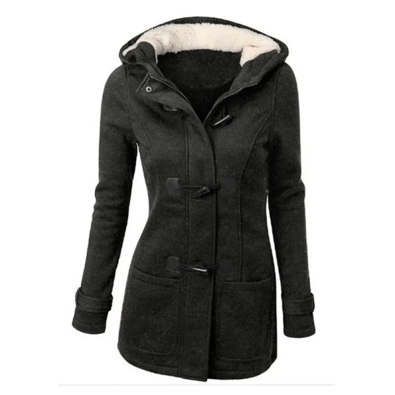 Women's solid colour hooded cotton-padded coat in slim fit polyester, available in multiple colours including black and army green.