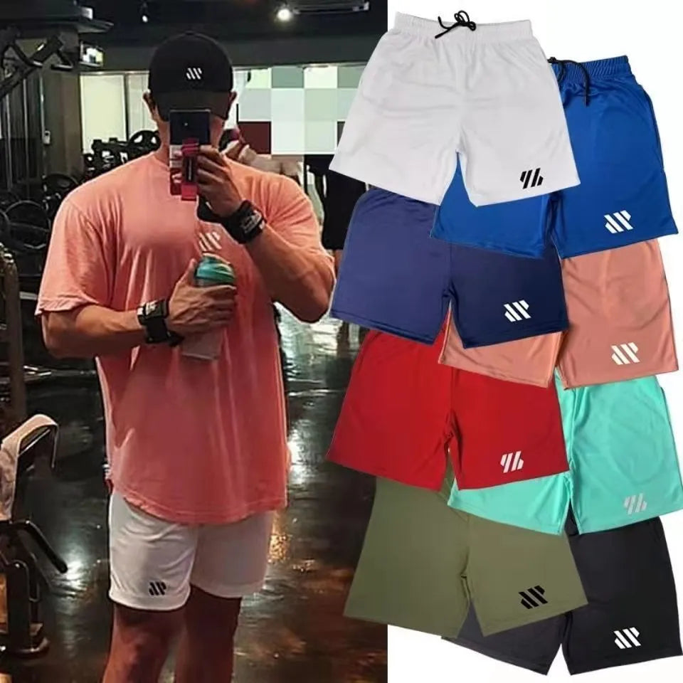 Men's metal silk fabric sports shorts in loose fit style available in multiple colours like army green and blue for summer running.