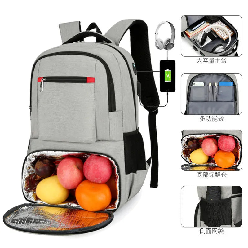 Oxford cloth insulated backpack with curved shoulder straps and multiple compartments