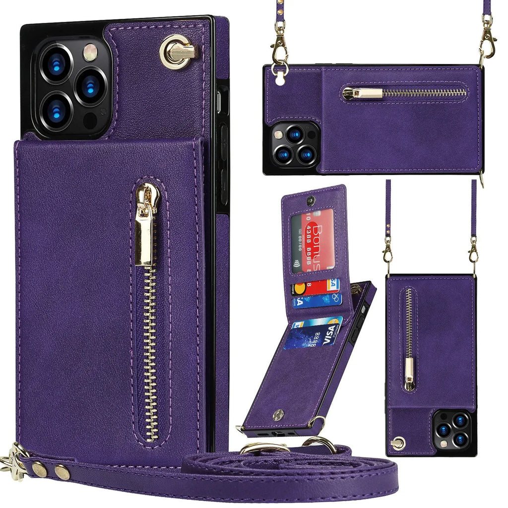 Genuine leather mobile phone case for Samsung and iPhone models in black, green, purple, red, and rose gold colours.