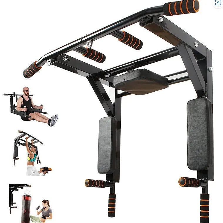 Black wall-mounted fitness equipment with parallel bars and sandbag rack for indoor and outdoor training
