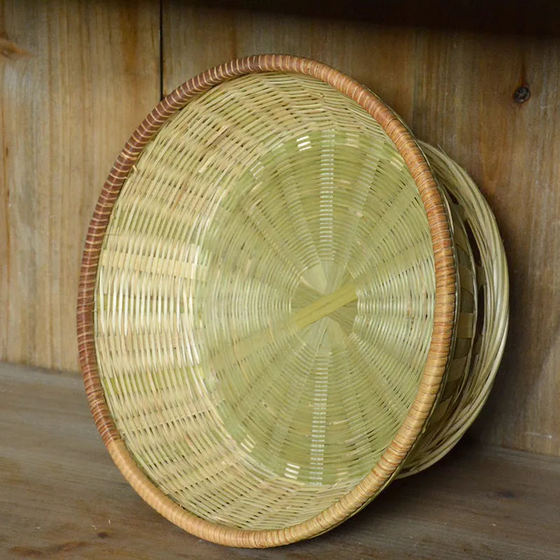 Handmade natural bamboo storage basket in traditional woven construction
