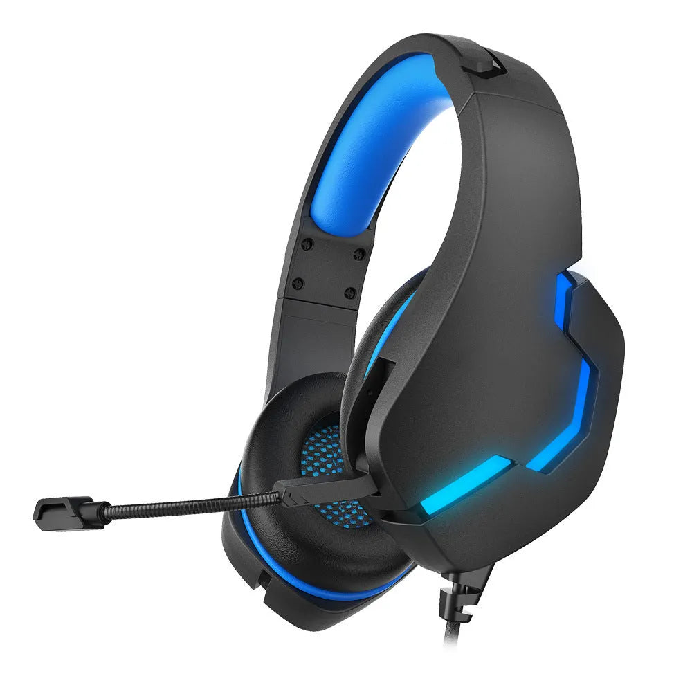 J10 3.5mm wired gaming headset with microphone and LED lights in blue