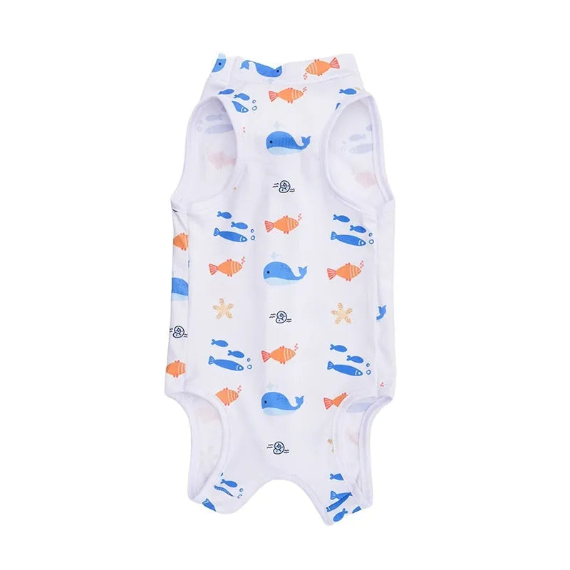 Cat wearing sterilisation recovery suit with Velcro closure in colourful print design