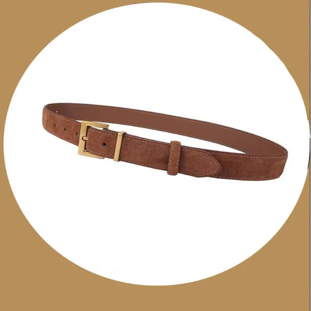 Ladies leather pin buckle belt in brown colour showing quadrilateral design and alloy buckle