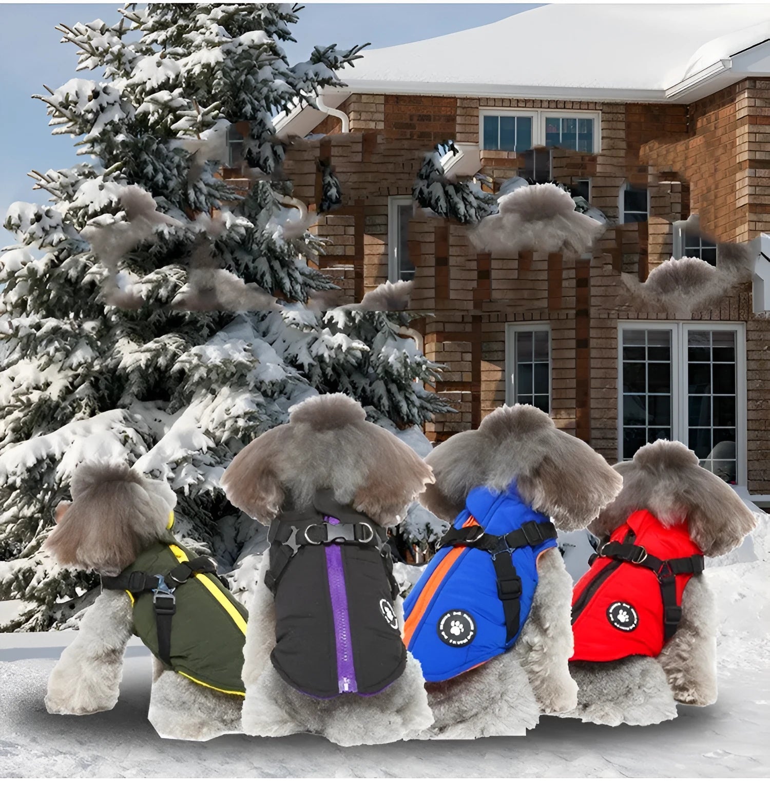 Dog wearing a black insulated chest strap winter coat made of polyester.