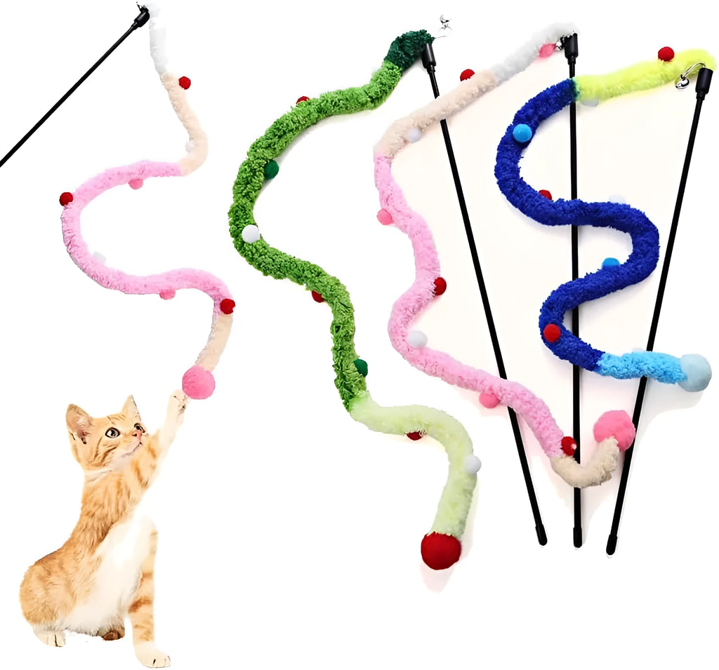 Blue cat wand toy with long plush strip and fluffy ball with bells on a 41cm pole