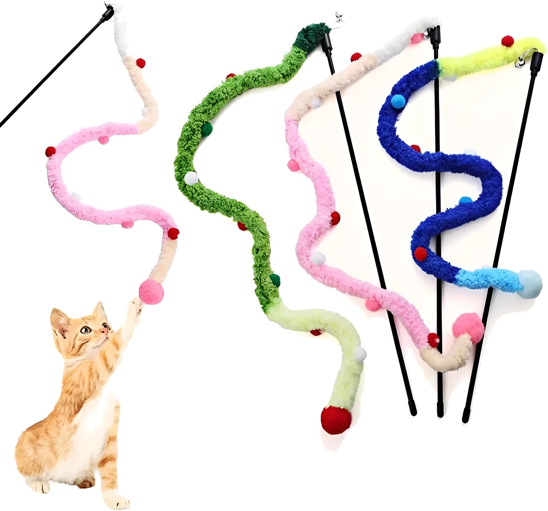 Blue cat wand toy with long plush strip and fluffy ball with bells on a 41cm pole
