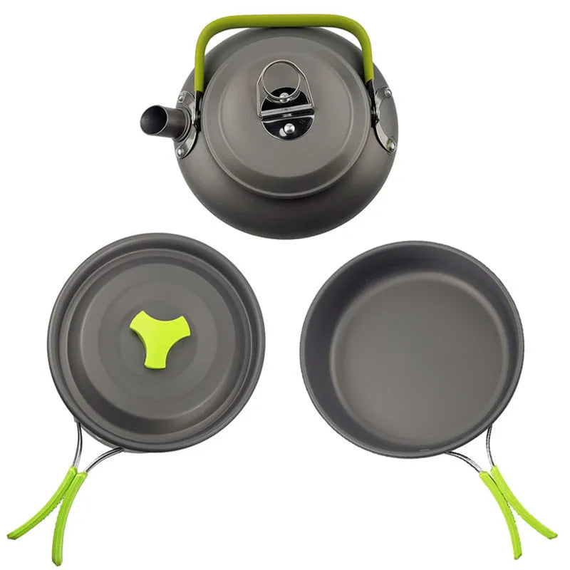 Folding camping pot set for 2-3 people in aluminium alloy, shown as a portable mini cookware kit in green, black, or orange.