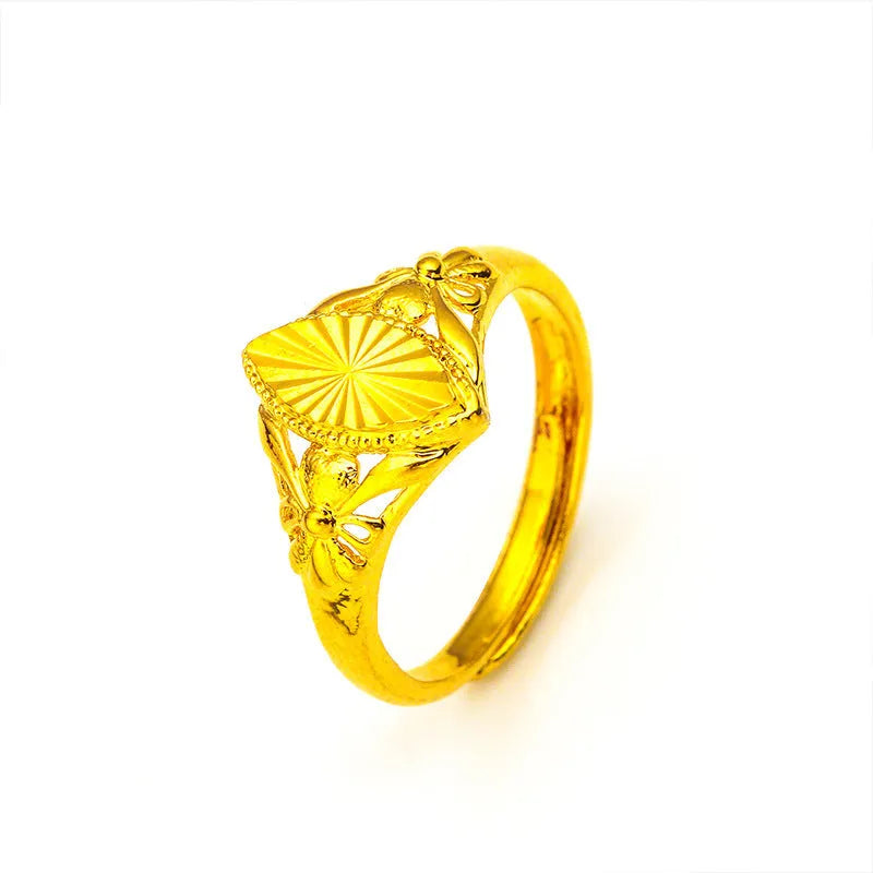 Gold geometric brass ring with open diamond flower pattern and textured surface for women's 20-24cm fingers