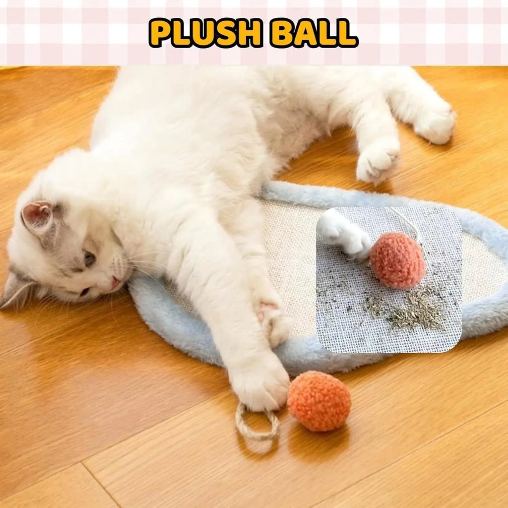 White cat scratching mat with sleeping cat pattern made from natural sisal rope
