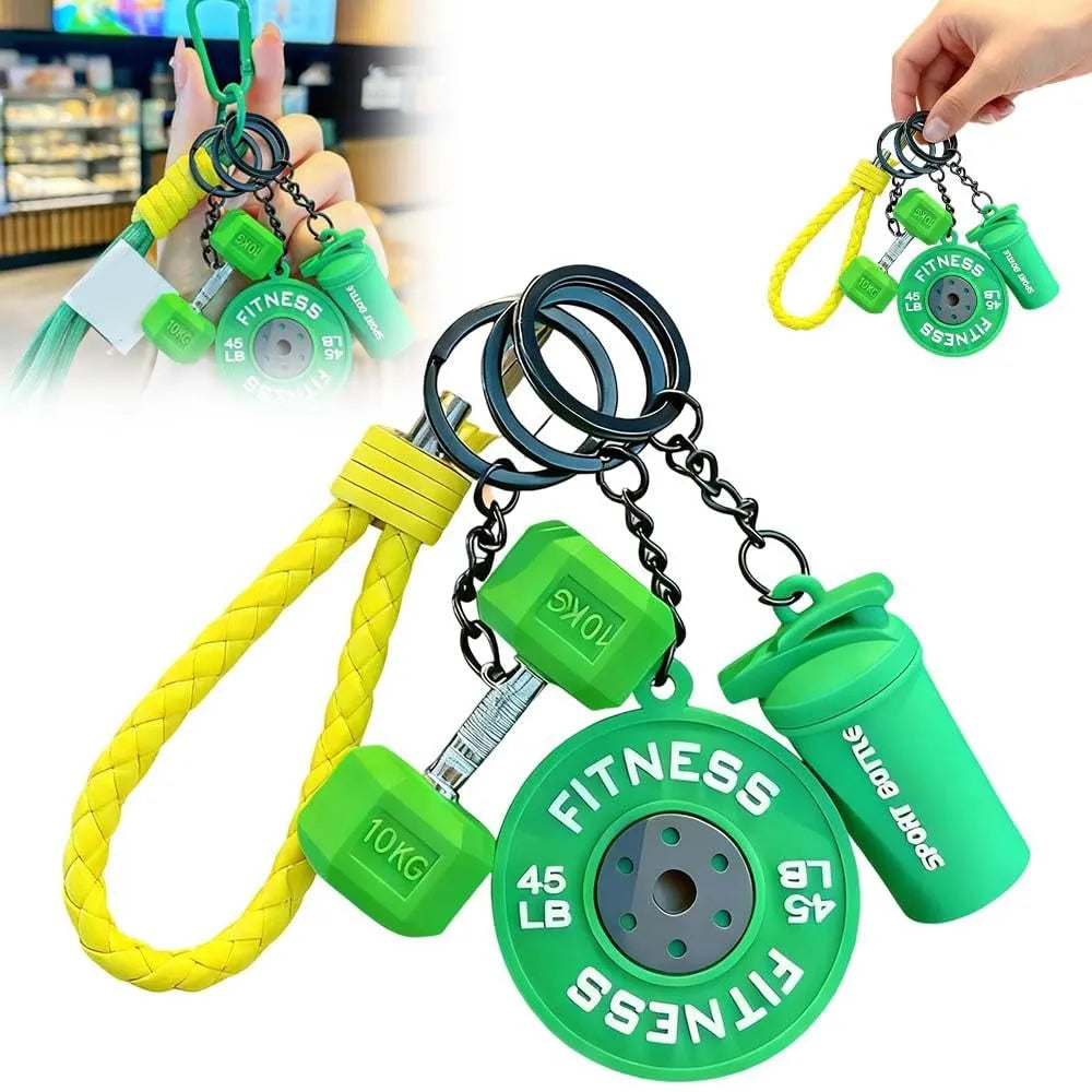 Four mini alloy gym keychains in blue green orange and purple on a keyring