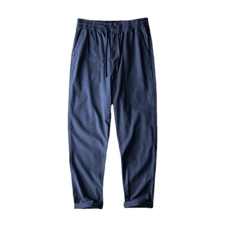 Men's linen casual trousers in solid colours with mid waist design