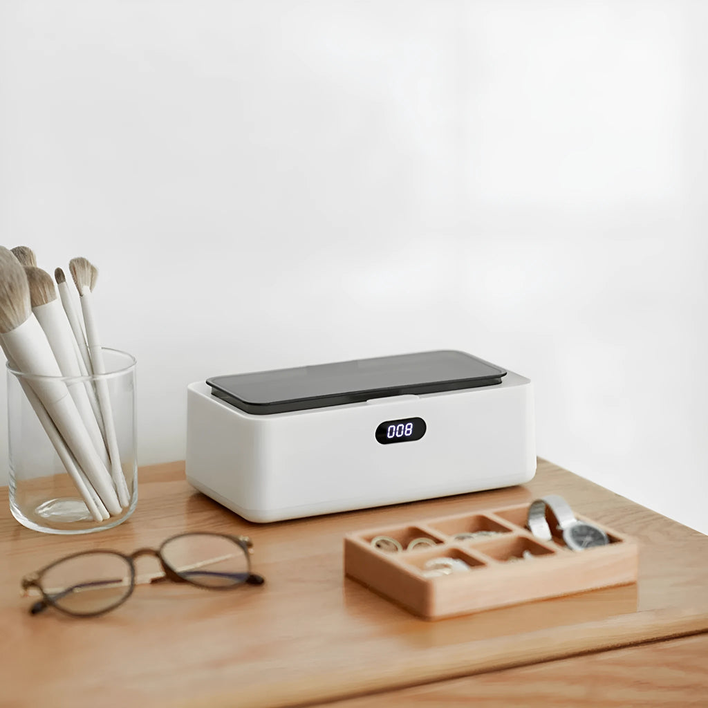 OLK-UC01 ultrasonic cleaning machine in ceramic white for glasses, contact lenses and jewellery, 500-700mL capacity