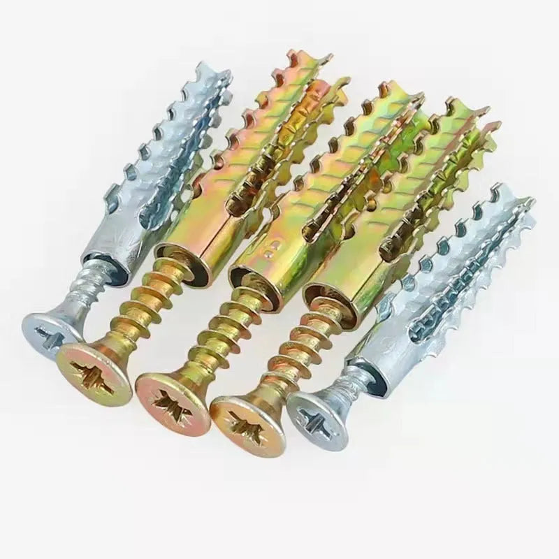 Metal expansion anchor with barbed serrated tube and screw for concrete and brick walls.