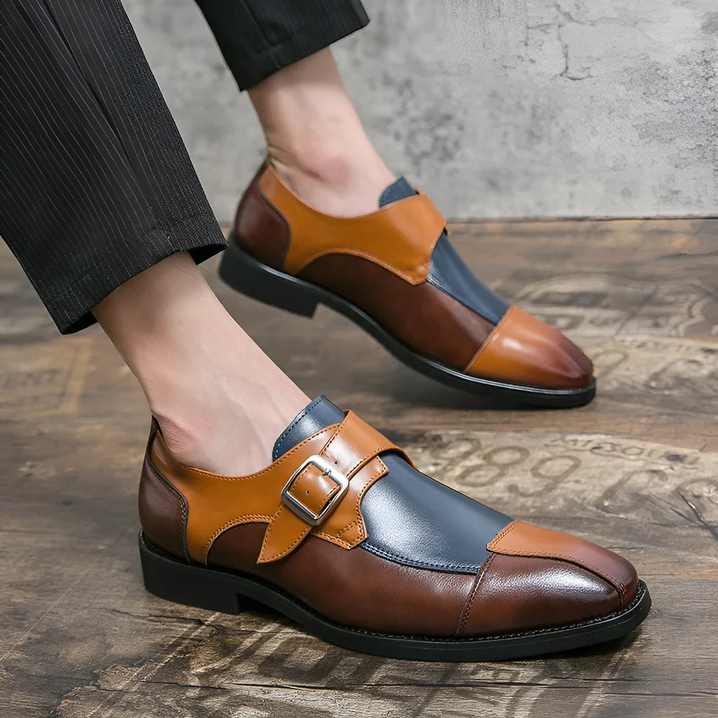 Men's British retro style leather shoes in black and brown-blue colours with tall crown design