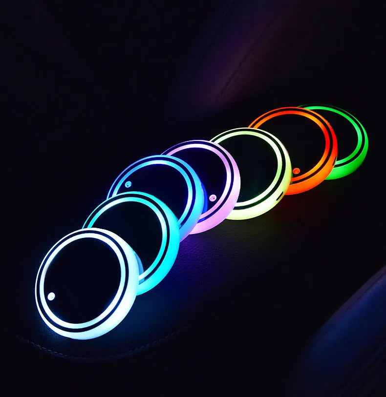 Colourful LED car cup holder coaster with seven light colours and USB cable