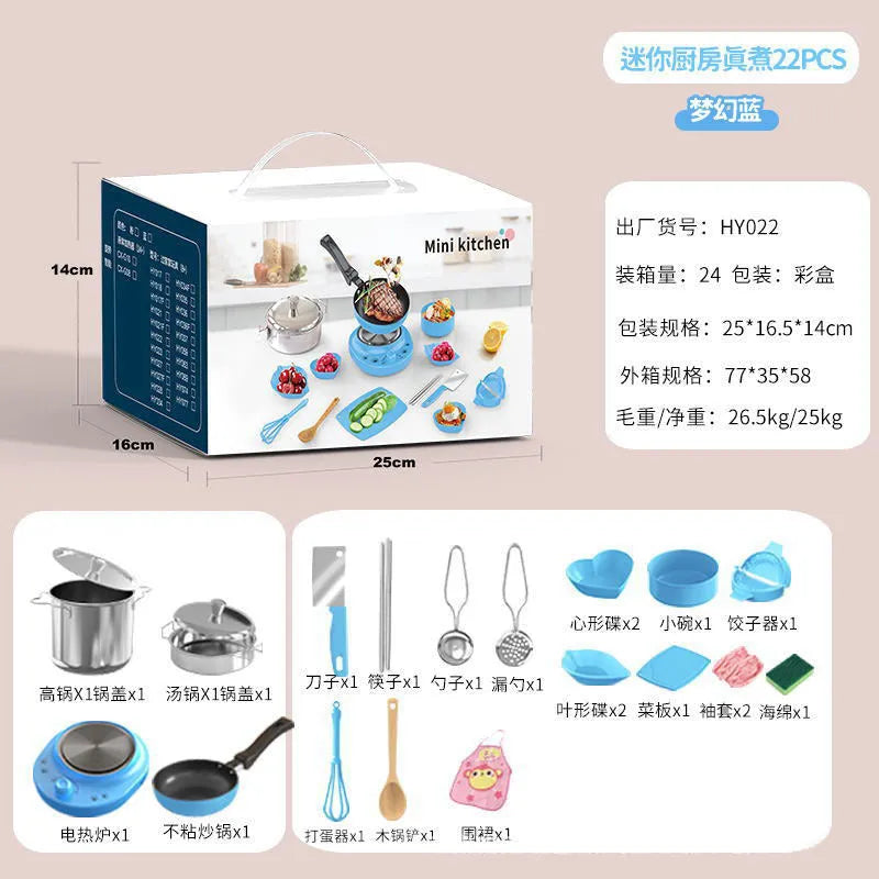 22-piece mini kitchen cooking toy set in pink or blue with gift box packaging and adapter option