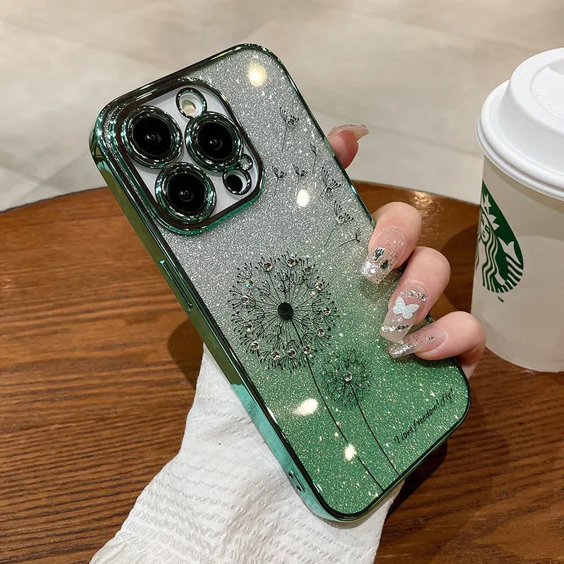 Dandelion gradient glitter silicone phone case for iPhone 14 Pro Max with purple electroplated finish and transparent base