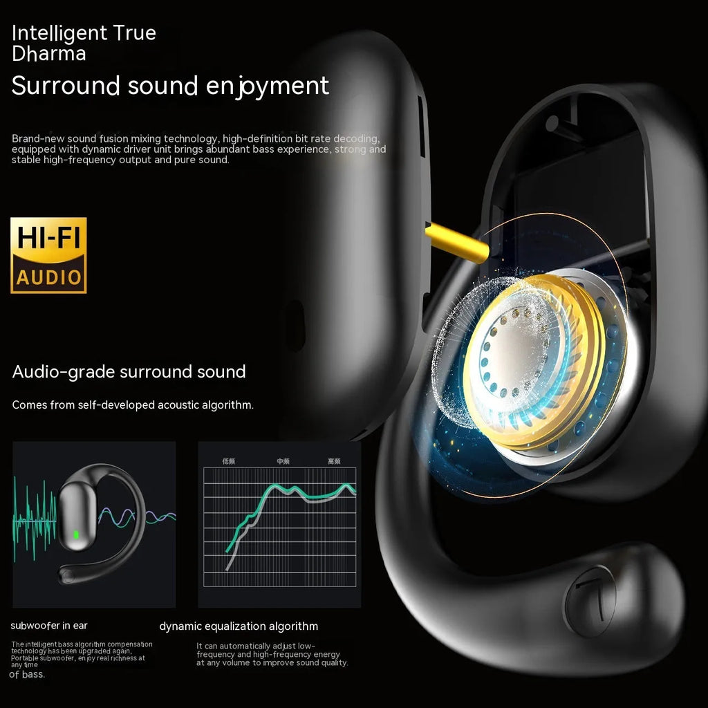 Bone conduction sports headset in black with digital display and ear hook design
