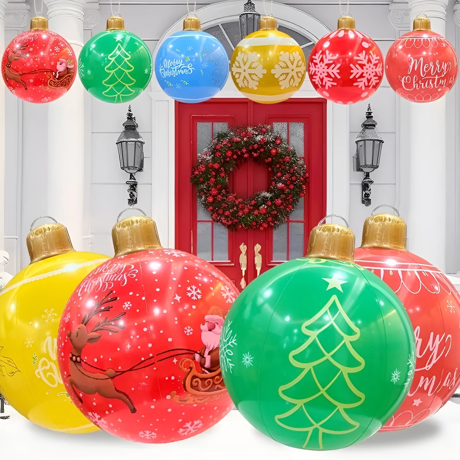 Large red inflatable Christmas ball with gold snowflake design hanging in garden with LED lights illuminated
