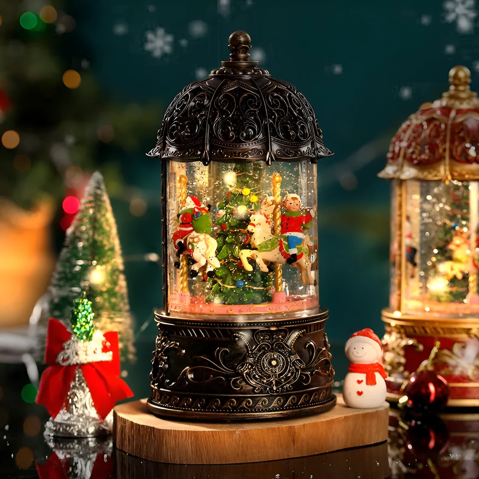 Christmas carousel music box plastic spinning ornament with old man and tree motif bronze finish