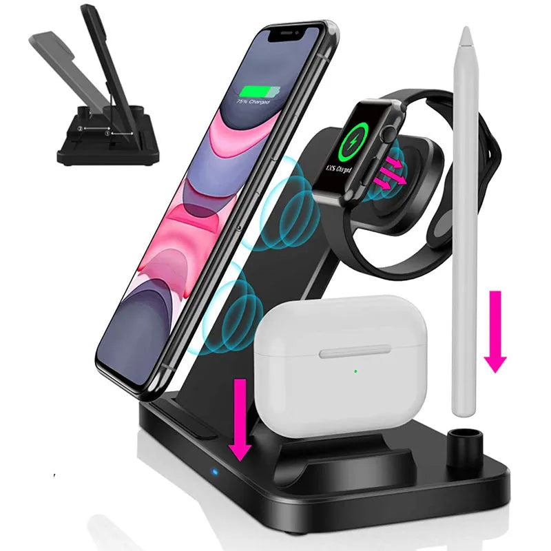 Folding 4-in-1 wireless charging stand in black showing smartphone charging vertically